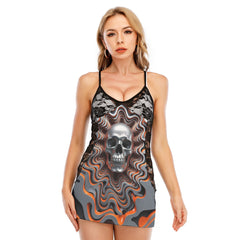 Orange Wave Skull Art Women's Black Lace Cami Dress Babydolls Nightgowns