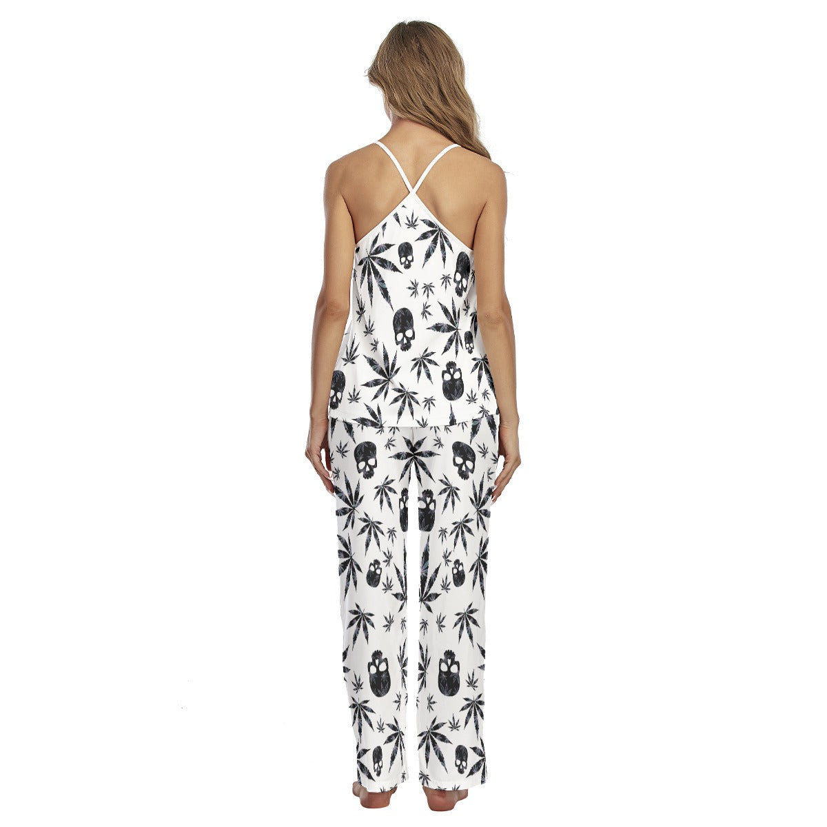 Black Skull Leaf Pattern Cami Pajamas Sets For Women Sleepwears Combo