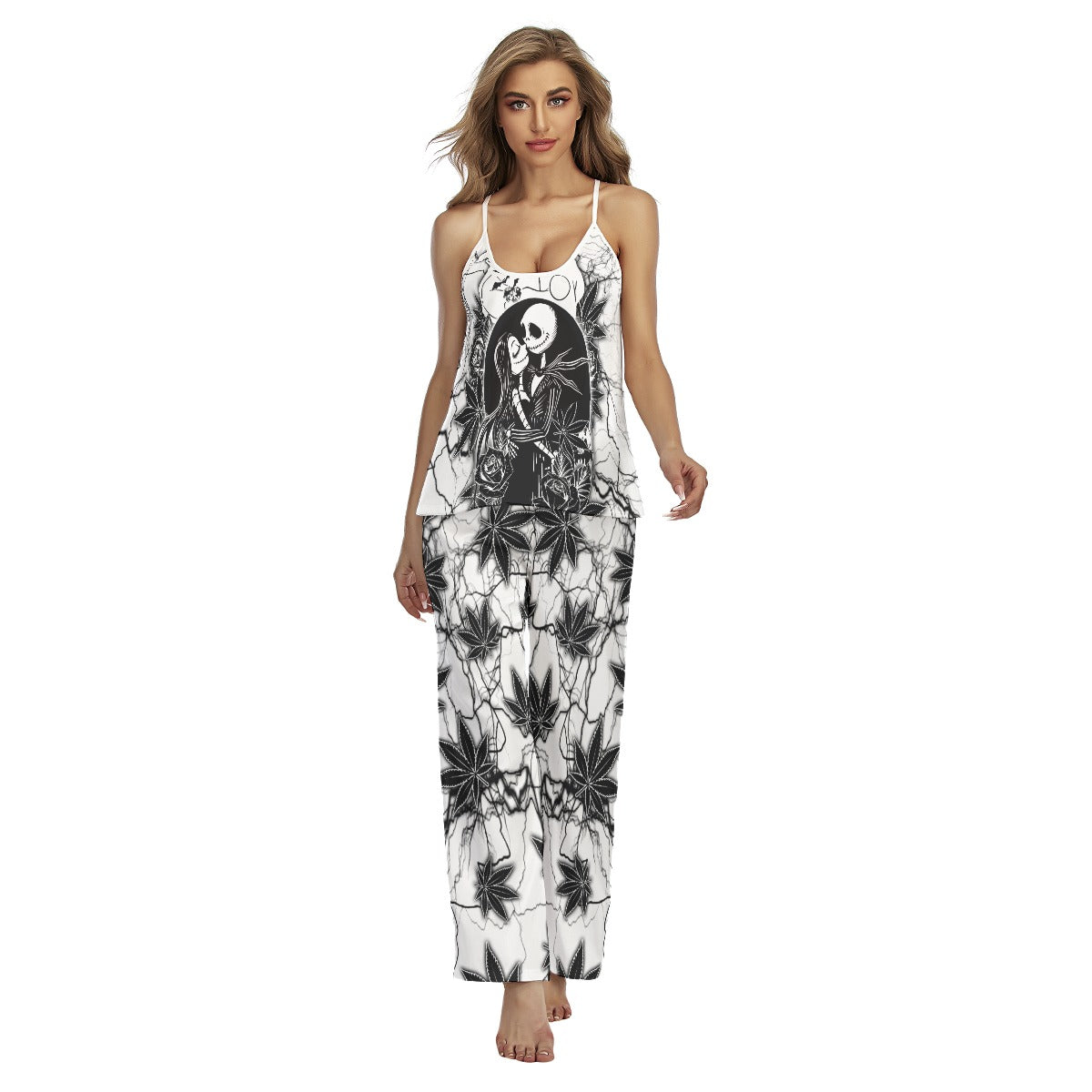 Black Couple Leaf Art Cami Pajamas Sets For Women Sleepwears Combo