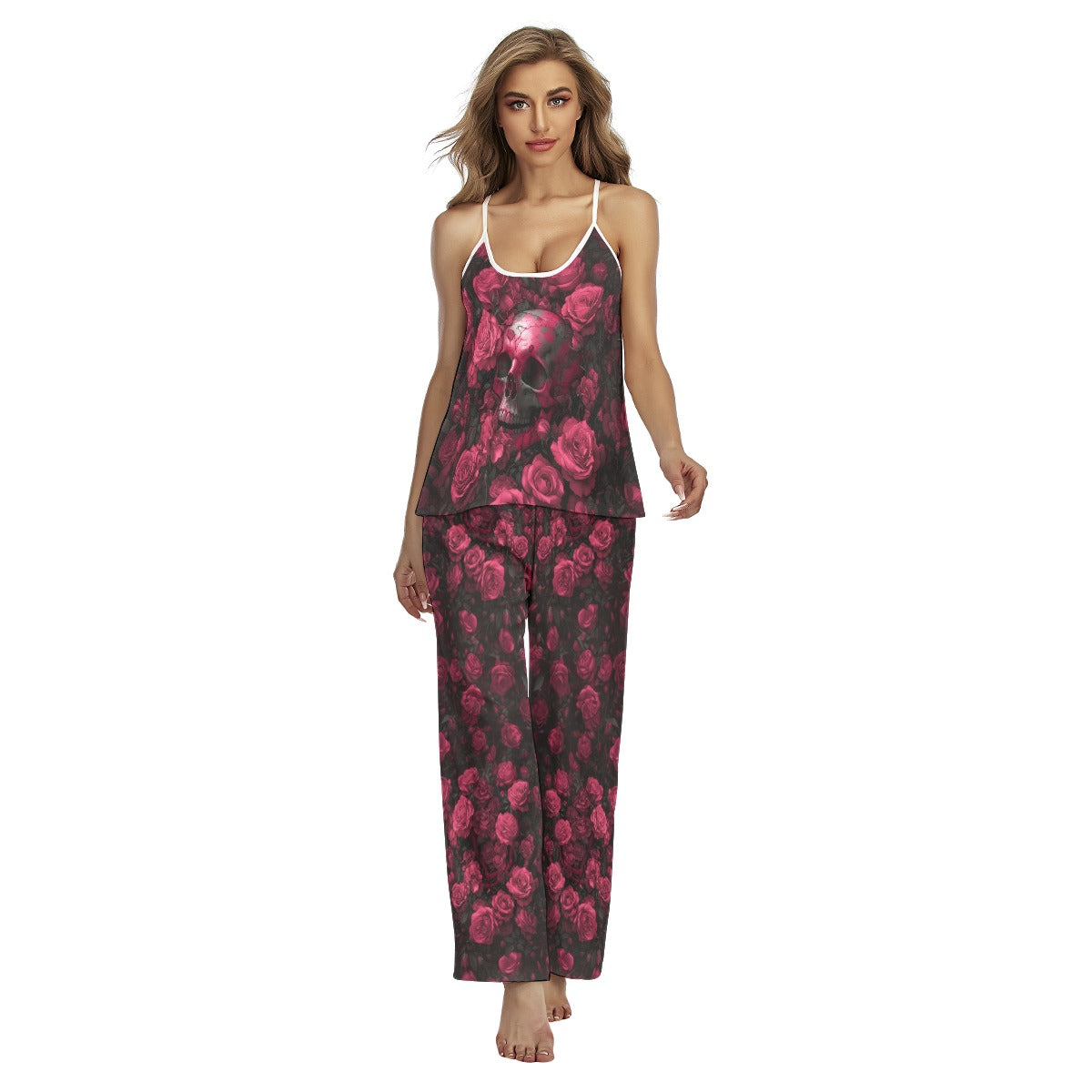 Pink Skull Rose Grunge Cami Pajamas Sets For Women Sleepwears Combo