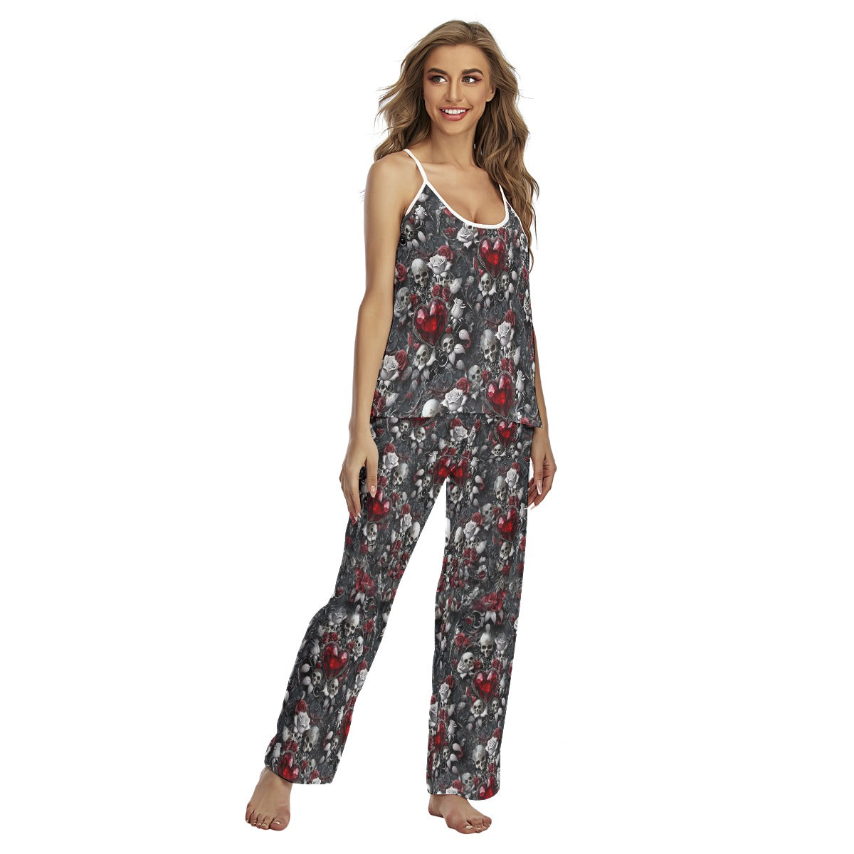 Skull Filigree Diamond Pattern Cami Pajamas Sets For Women Sleepwears Combo
