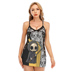 Yellow Grim Reaper Art Women's Black Lace Cami Dress Babydolls Nightgowns