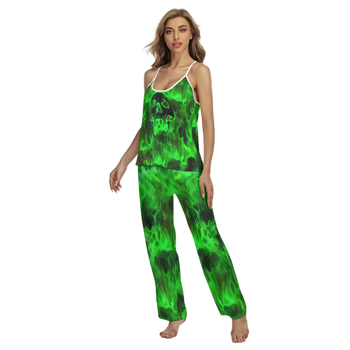 Green Faming Skull Pajamas Sets For Women Sleepwears Combo