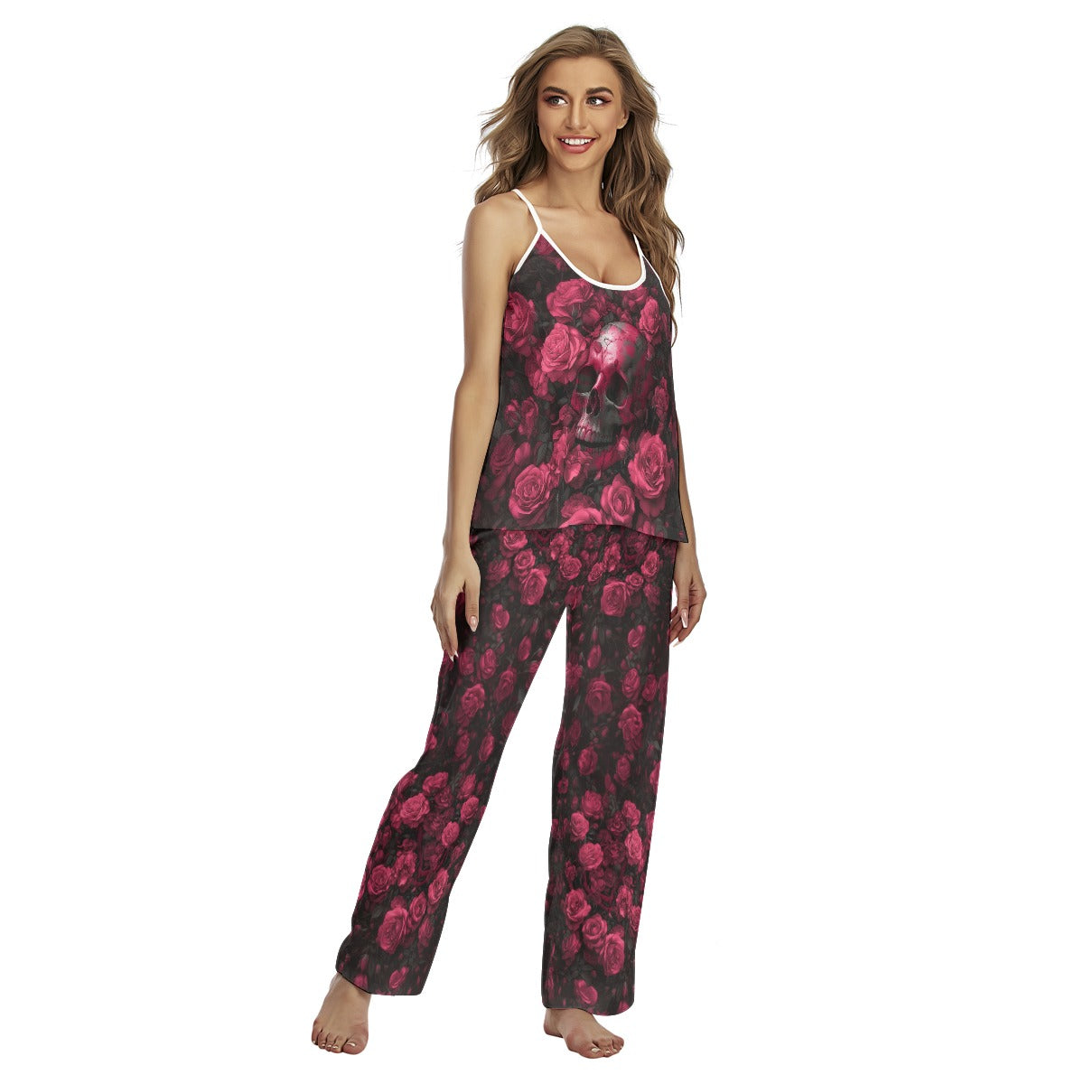 Pink Skull Rose Grunge Cami Pajamas Sets For Women Sleepwears Combo