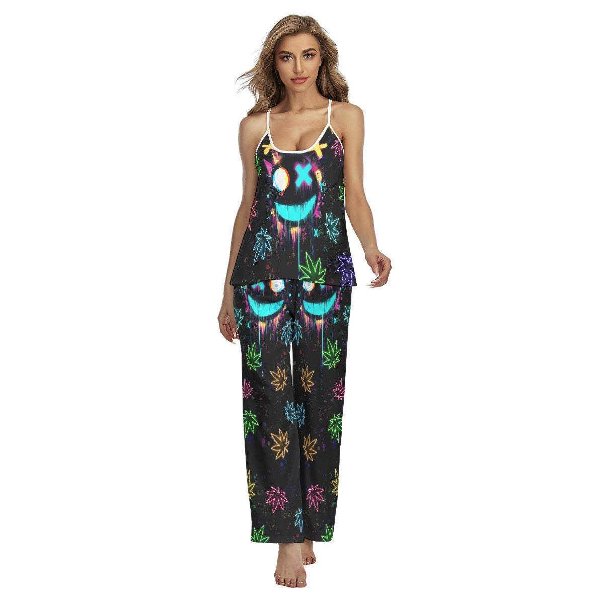 Neon Skull Leaf Pattern Cami Pajamas Sets For Women Sleepwears Combo