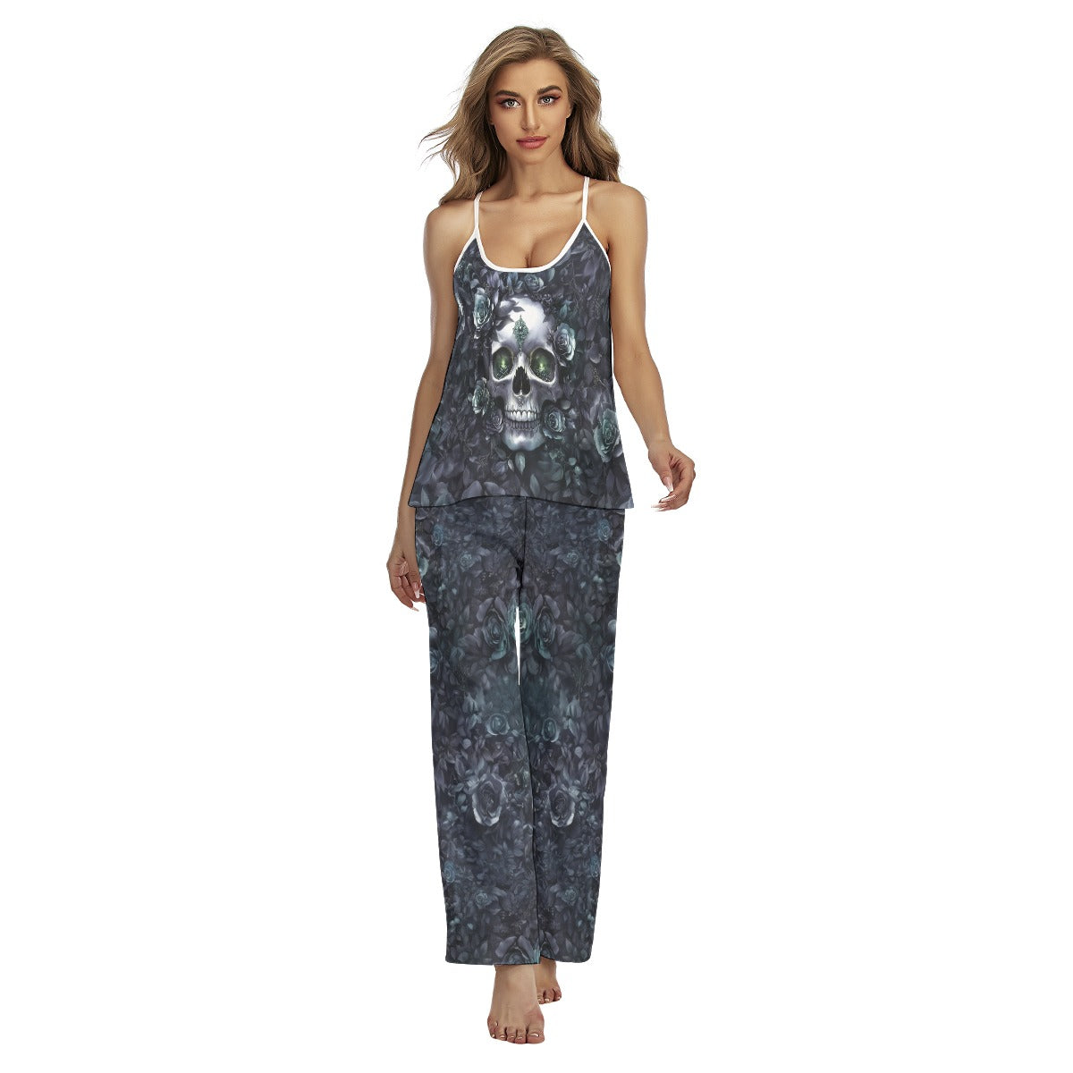 Dark Skull Rose Filigree Cami Pajamas Sets For Women Sleepwears Combo
