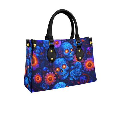 Gothic Glowing Skull Blue Structured Tote Bag Multi-Pocket Handbag