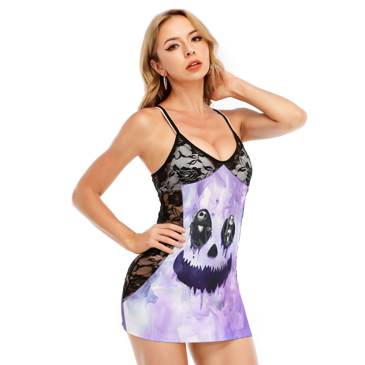 Purple Face Art Women's Black Lace Cami Dress Babydolls Nightgowns