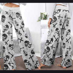 Grey Skull Cross Gothic Women's High-waisted Wide Leg Pants | Wonder Skull