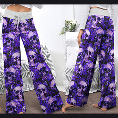 Violet Skull Flower Pattern Women's High-waisted Wide Leg Pants | Wonder Skull