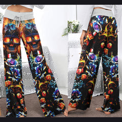 Fire Skull Floral Art Women's High-waisted Wide Leg Pants | Wonder Skull