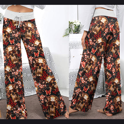 Skull Gold Abstract Art Women's High-waisted Wide Leg Pants | Wonder Skull