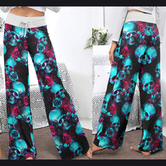 Cyan Skull Rose Gothic Women's High-waisted Wide Leg Pants | Wonder Skull