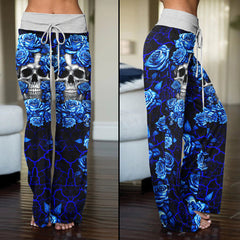 Blue Skull Rose Art Women's High-waisted Wide Leg Pants | Wonder Skull