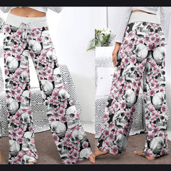 Pink Pastel Floral Skull Women's High-waisted Wide Leg Pants | Wonder Skull