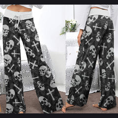 Black Skull Cross Gothic Women's High-waisted Wide Leg Pants | Wonder Skull