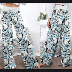 Blue Pastel Floral Skull Women's High-waisted Wide Leg Pants | Wonder Skull