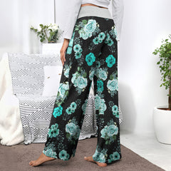 Cyan Skull Floral Art Women's High-waisted Wide Leg Pants | Wonder Skull