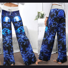 Dark Blue Skull Gothic Women's High-waisted Wide Leg Pants | Wonder Skull