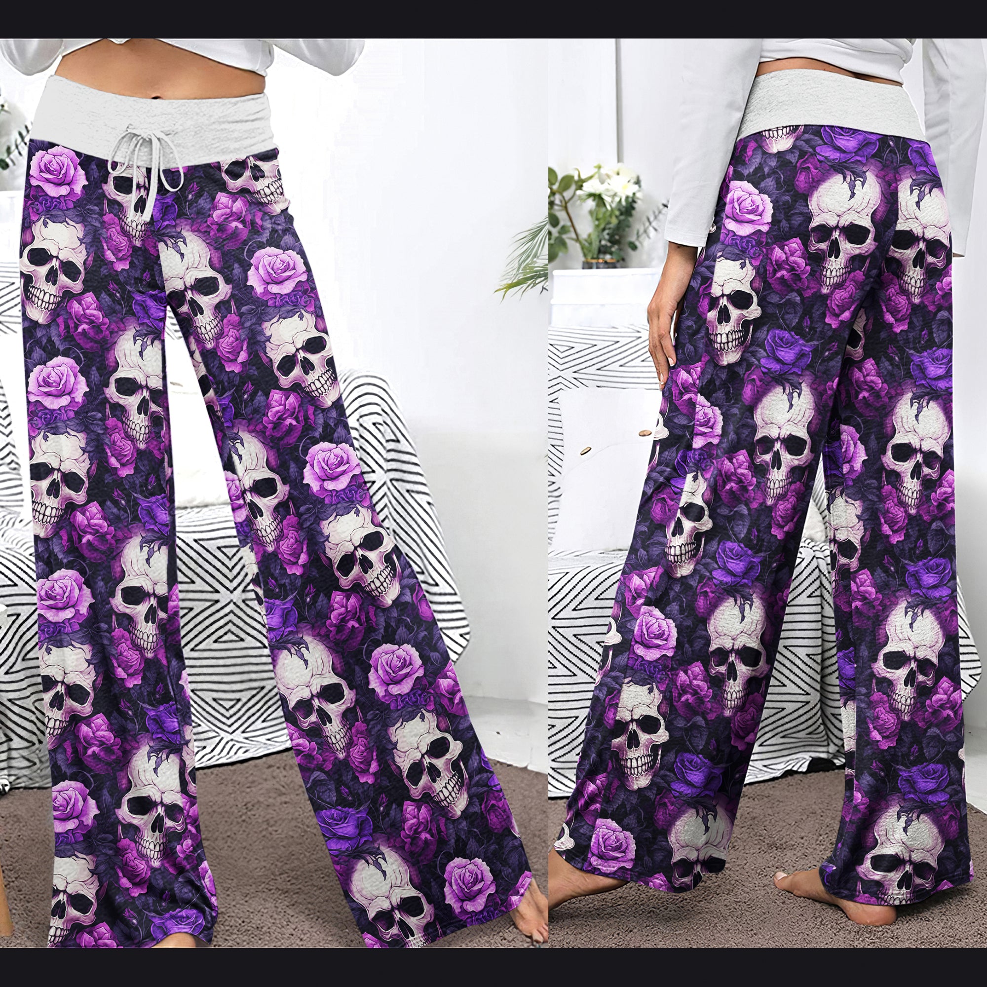Purple Skull Floral Women's High-waisted Wide Leg Pants | Wonder Skull