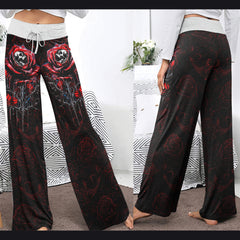 Rose Skull Silver Gothic Women's High-waisted Wide Leg Pants | Wonder Skull