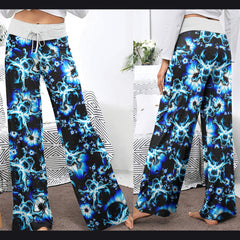 Dark Blue Skull Floral Women's High-waisted Wide Leg Pants | Wonder Skull