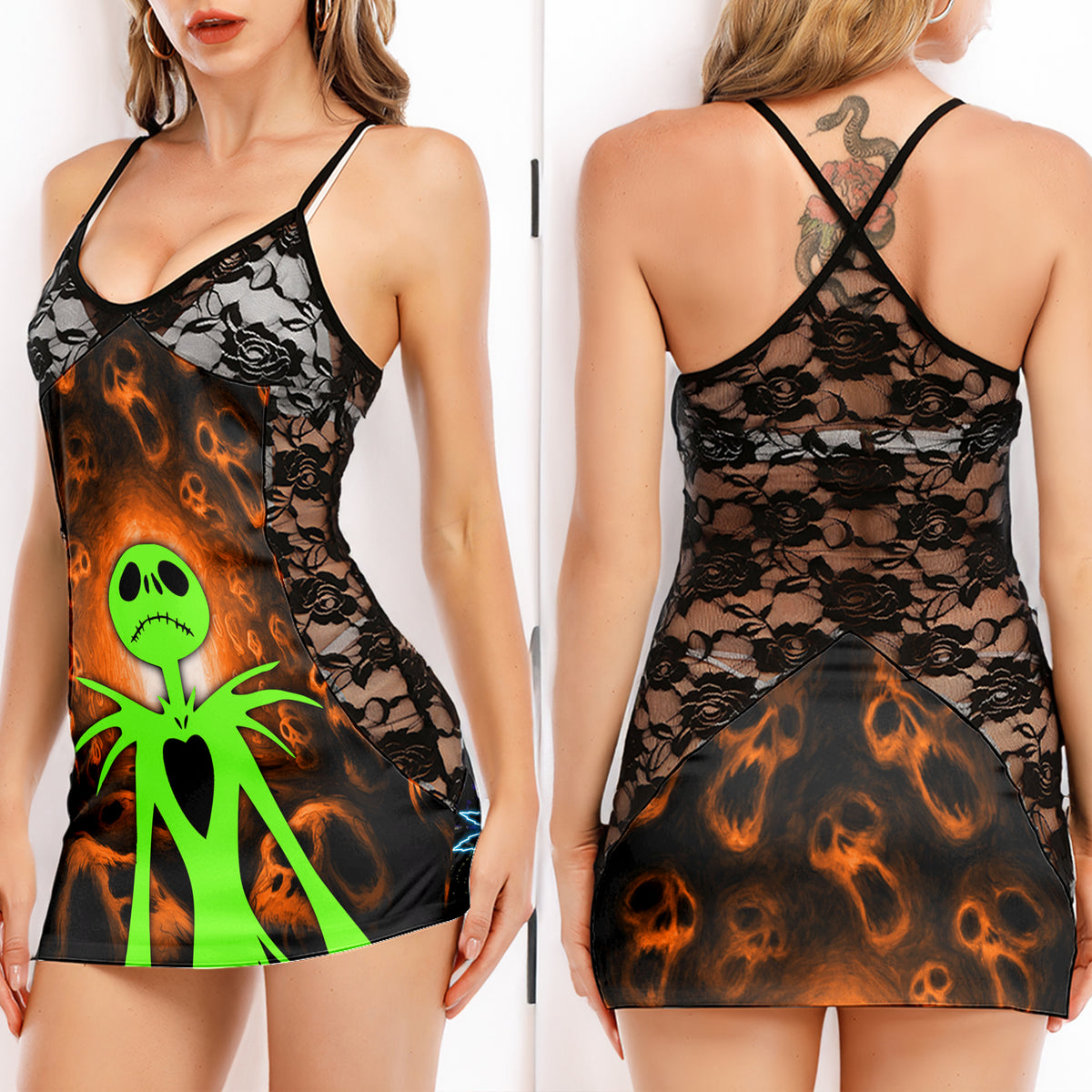 Green Skeleton Midnight Women's Black Lace Cami Dress Babydolls Nightgowns