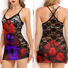 Purple Skeleton Rose Women's Black Lace Cami Dress Babydolls Nightgowns