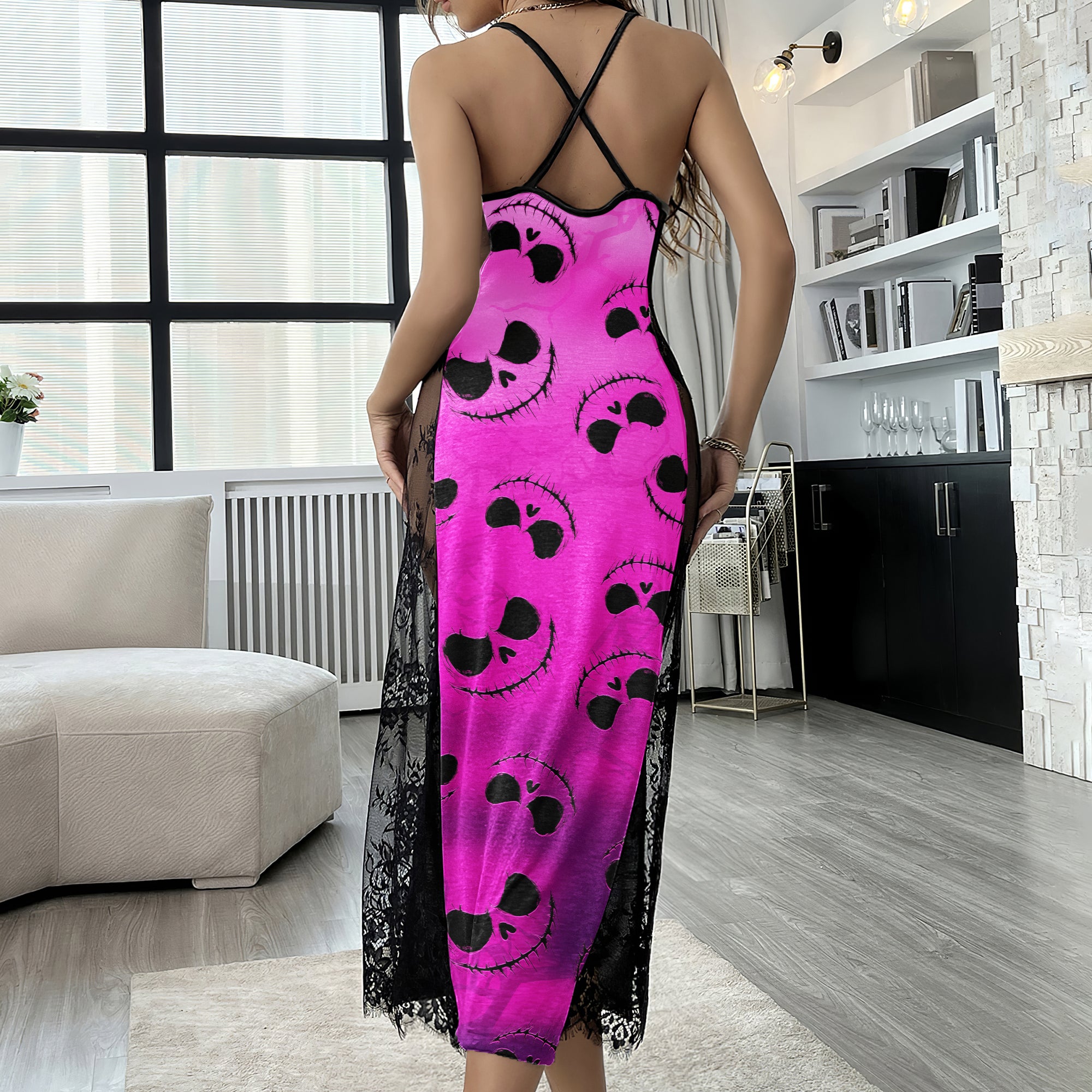 Violet Bat Skull Pattern Women's Lace Cami Sleepwear