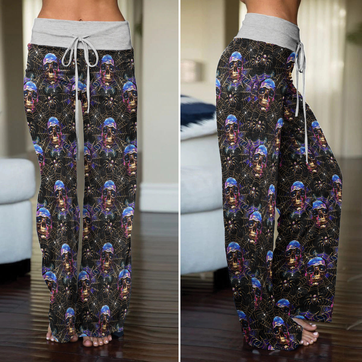 Galaxy Black Skull Pattern Women's High-waisted Wide Leg Pants | Wonder Skull