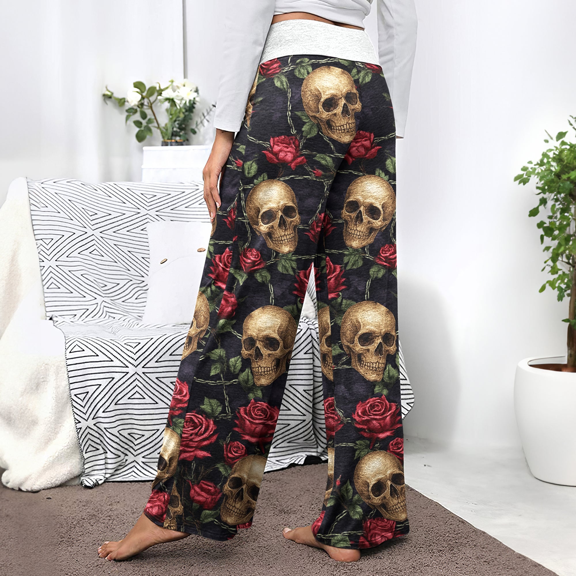Gothic Skull Rose Art Women's High-waisted Wide Leg Pants