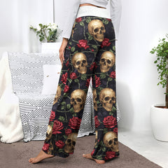Gothic Skull Rose Art Women's High-waisted Wide Leg Pants