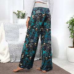 Dark Blue Skull Gothic Women's High-waisted Wide Leg Pants