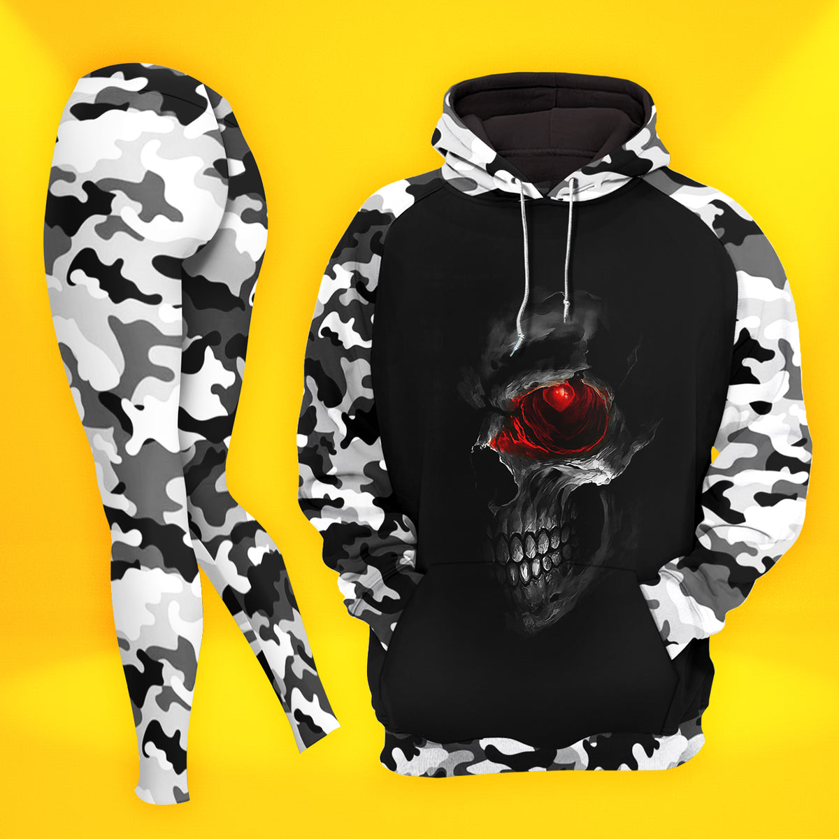 Women Hoodie and Leggings, Camo Scary Skull Outwear Pants Outfit