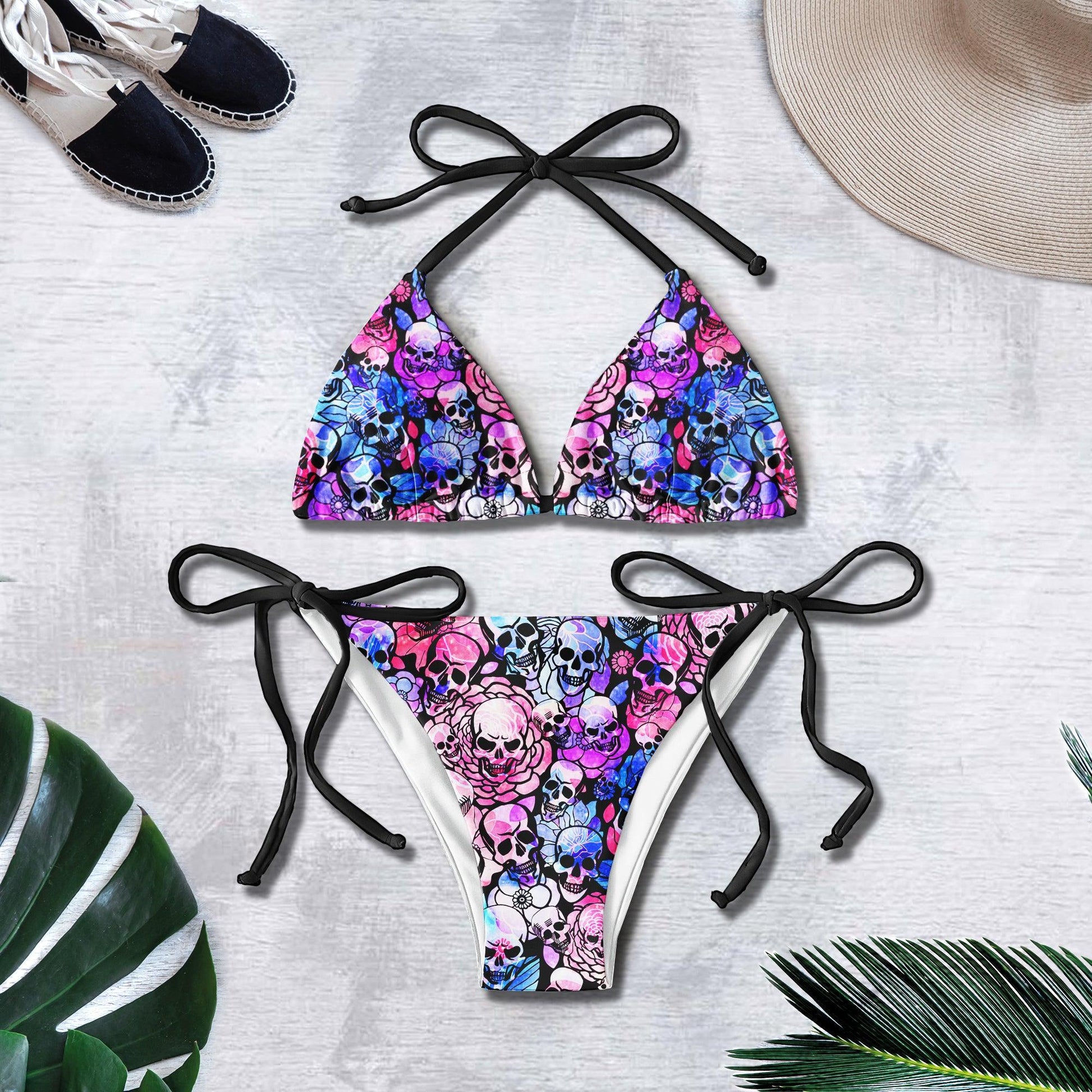 Purple Blue Radiant Skull Roses Micro Triangle Bikini Swimsuit - Wonder Skull