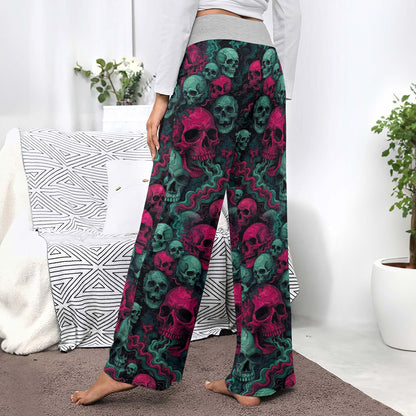 Toxic Pink Skulls Pattern Women's High-waisted Wide Leg Pants
