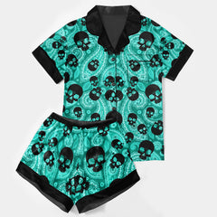 Cyan Paisley Skull Women's Pajama Sets Top Sleeve & Short Bottom