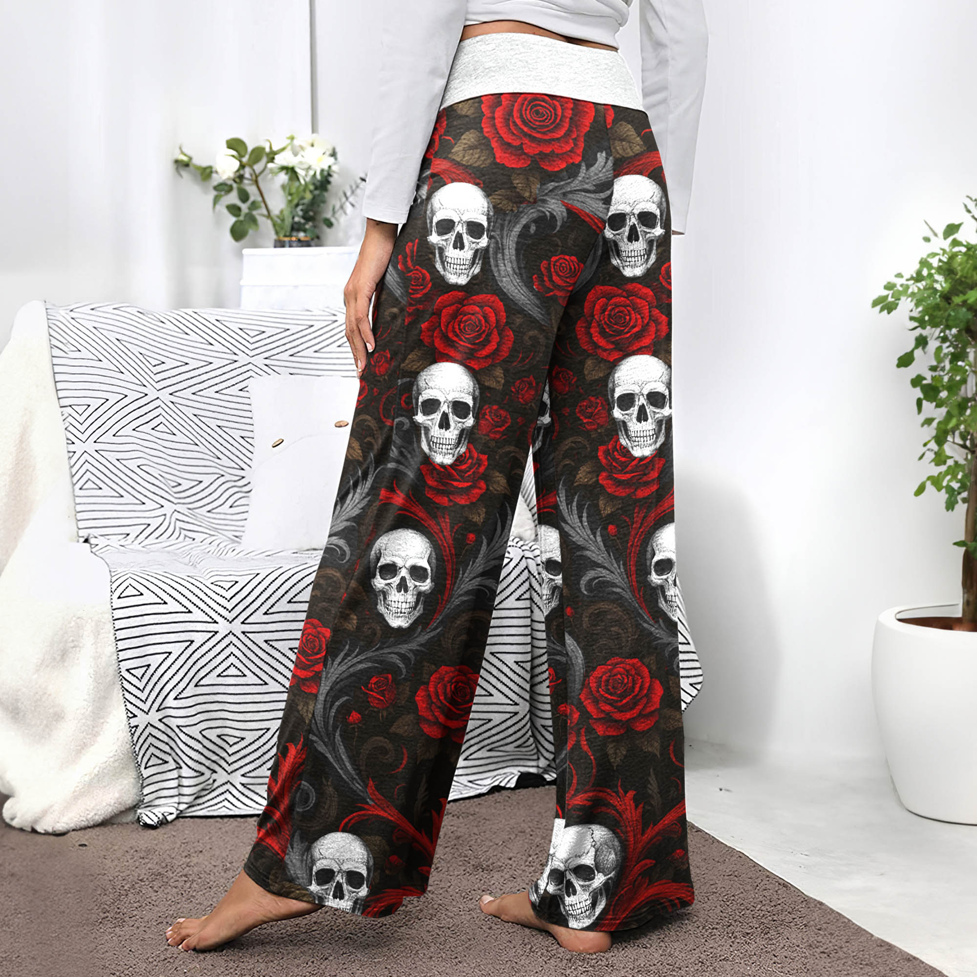 Baroque Blood Skull Roses Women's High-waisted Wide Leg Pants
