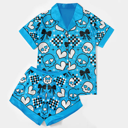Blue Heart Skull Women's Pajama Sets Top Sleeve & Short Bottom