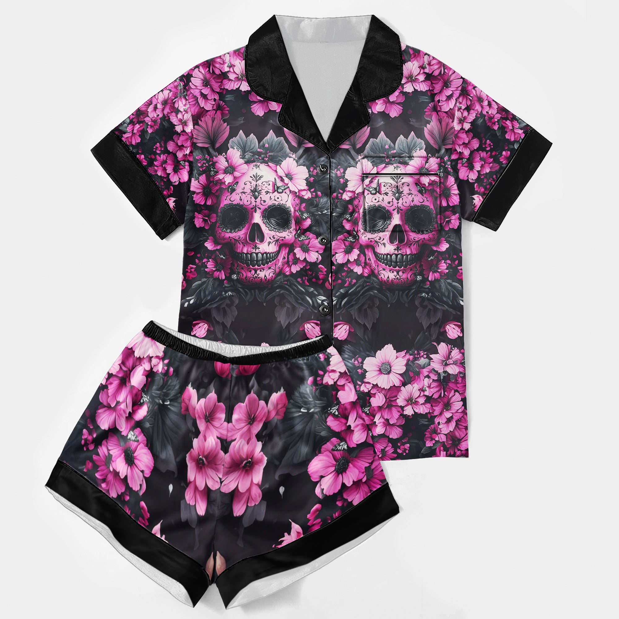 Pink Skull Flower Women's Pajama Sets Top Sleeve & Short Bottom