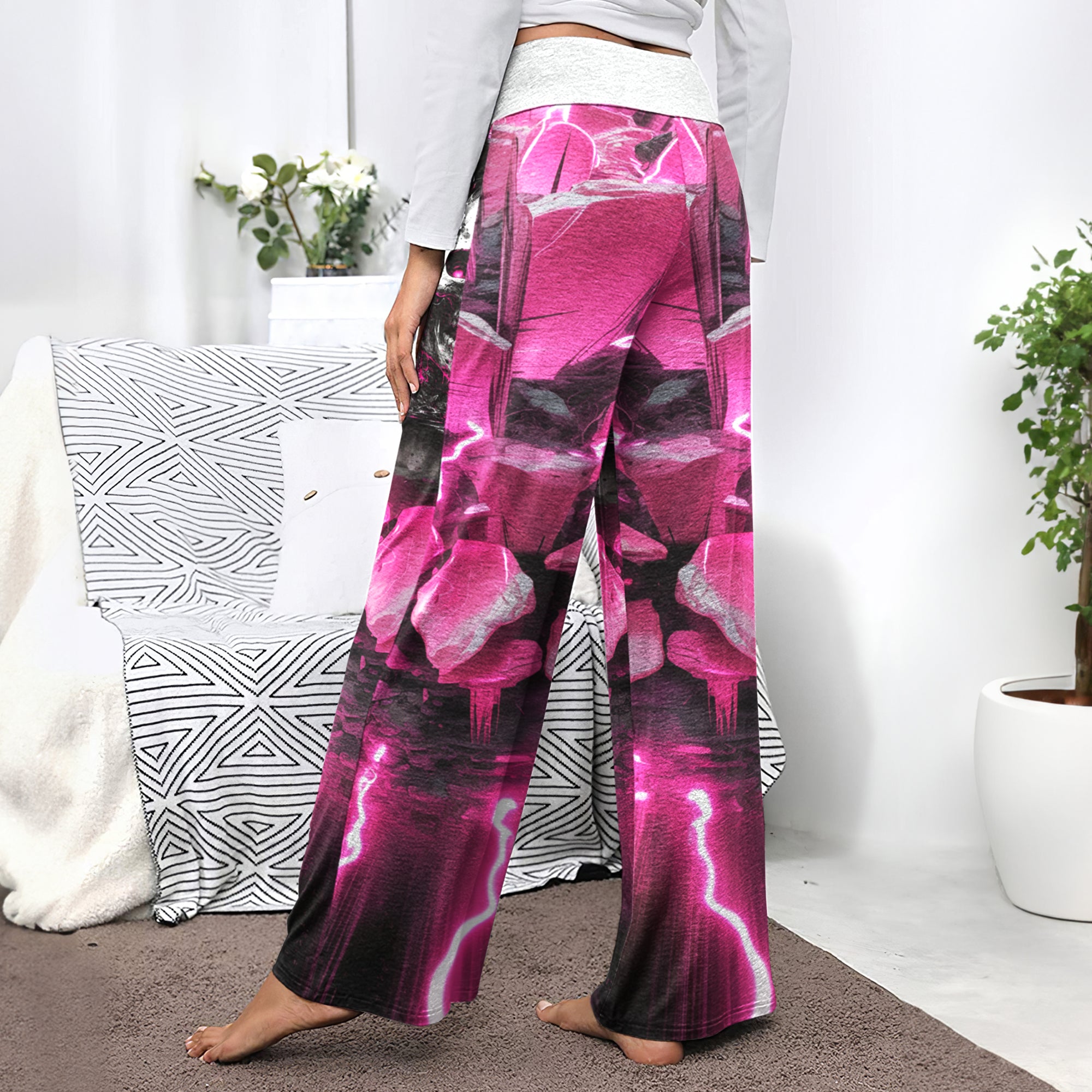 Pink Neon Skull Abstract Women's High-waisted Wide Leg Pants