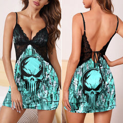 Cyan Skull Camo Art & Punkrock Women's Sleepwear | Lace Cami Dress Nightgowns