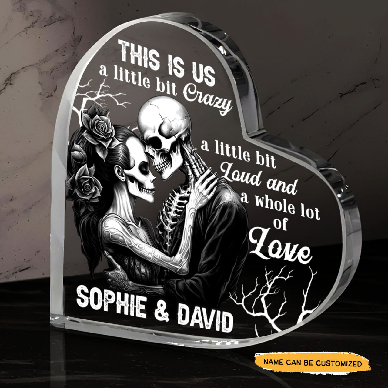 A Little Bit Crazy - Customized Skull Couple Crystal Heart Anniversary Gifts - Wonder Skull