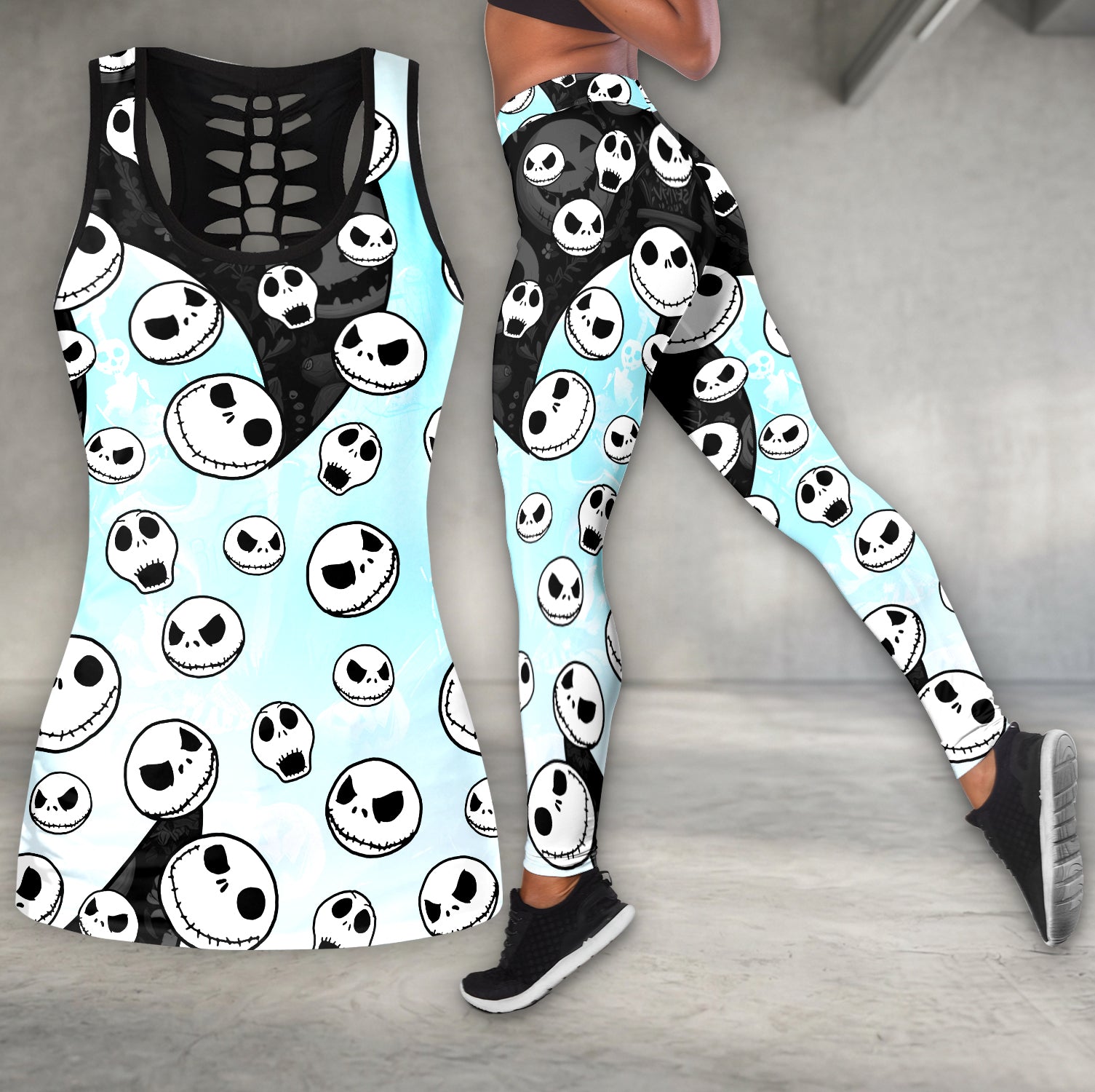 Cyan Shadow Skull Pattern Tanktop and Leggings