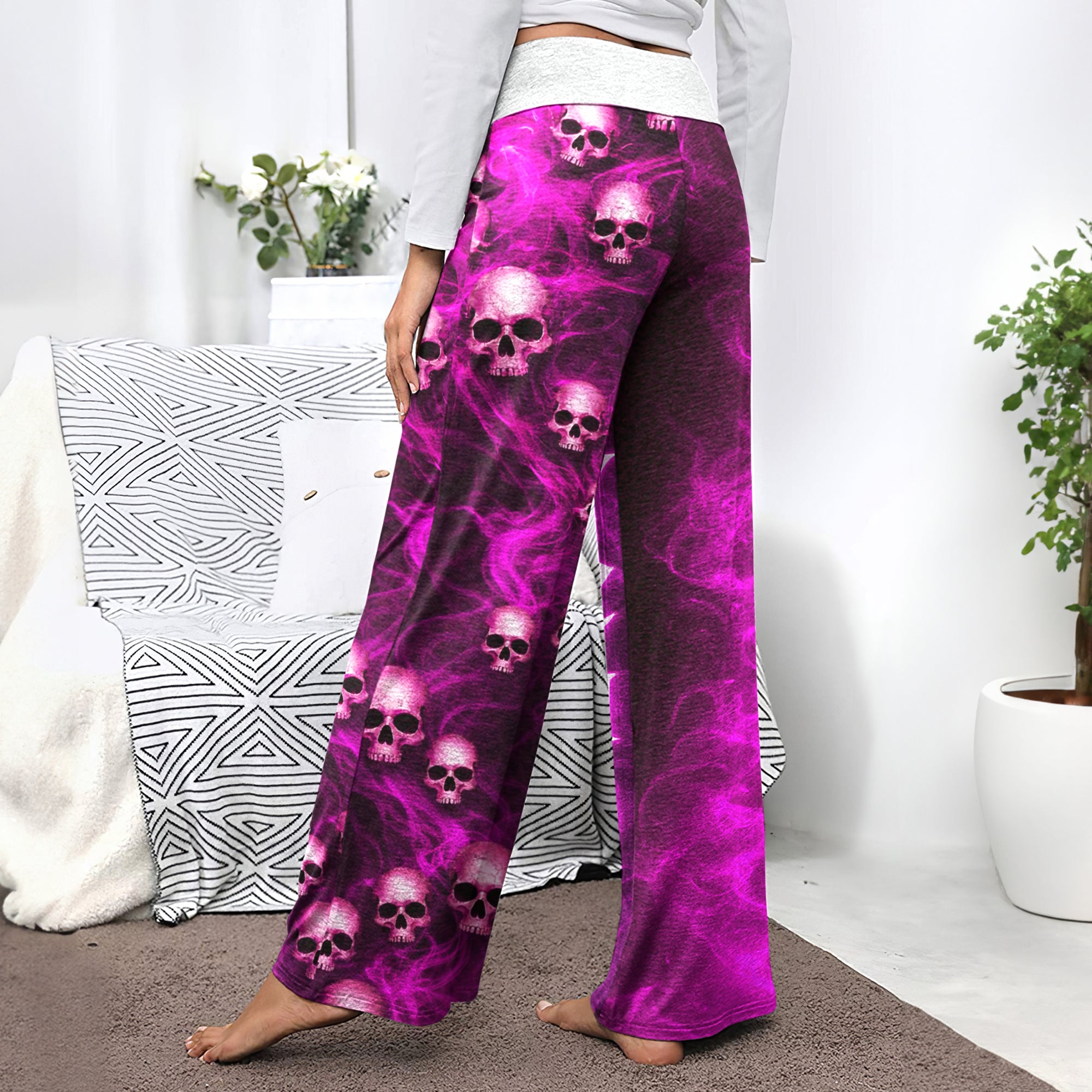 Amethyst Smoke Skull Art Women's High-waisted Wide Leg Pants