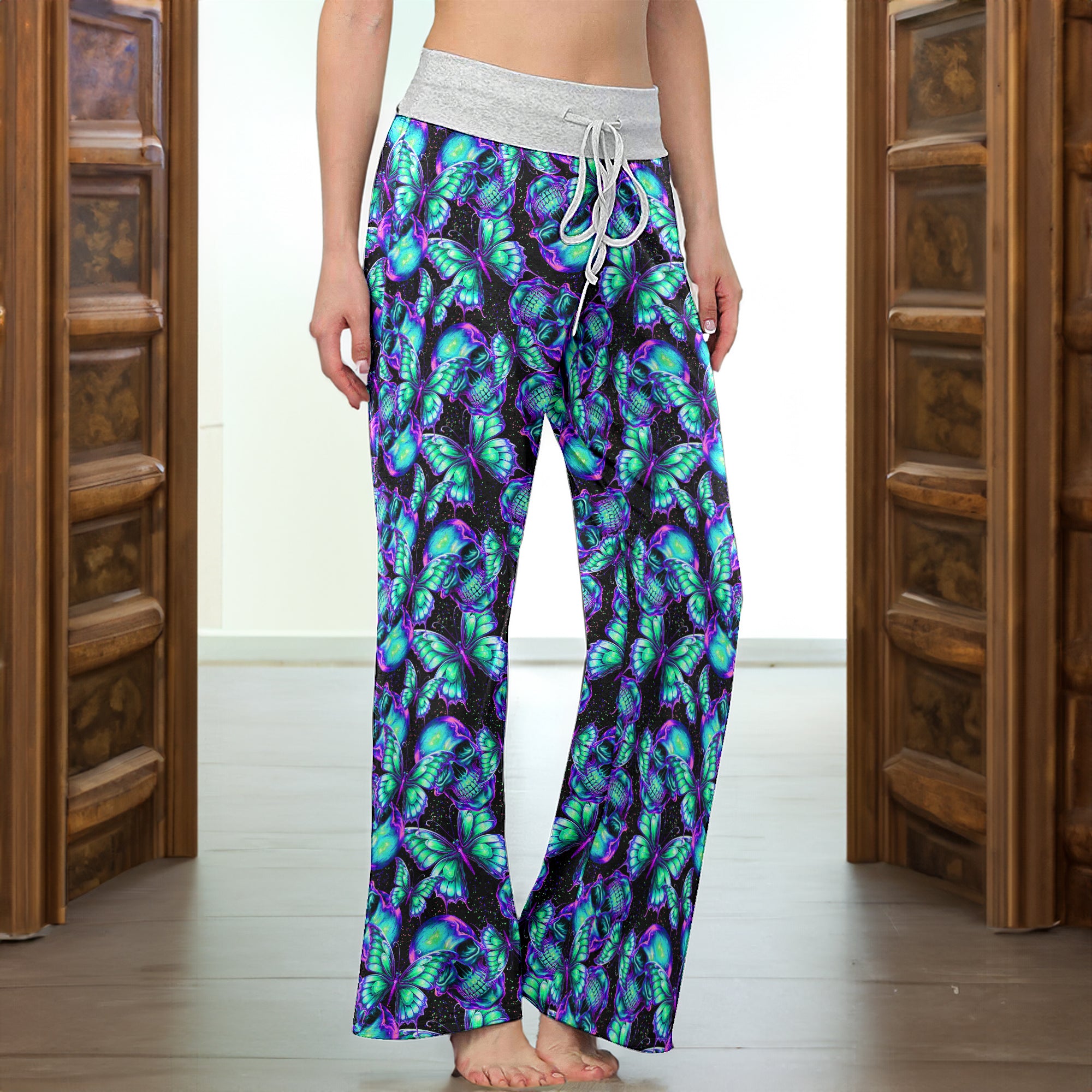 Neon Mystic Butterfly Skulls Women's High-waisted Wide Leg Pants