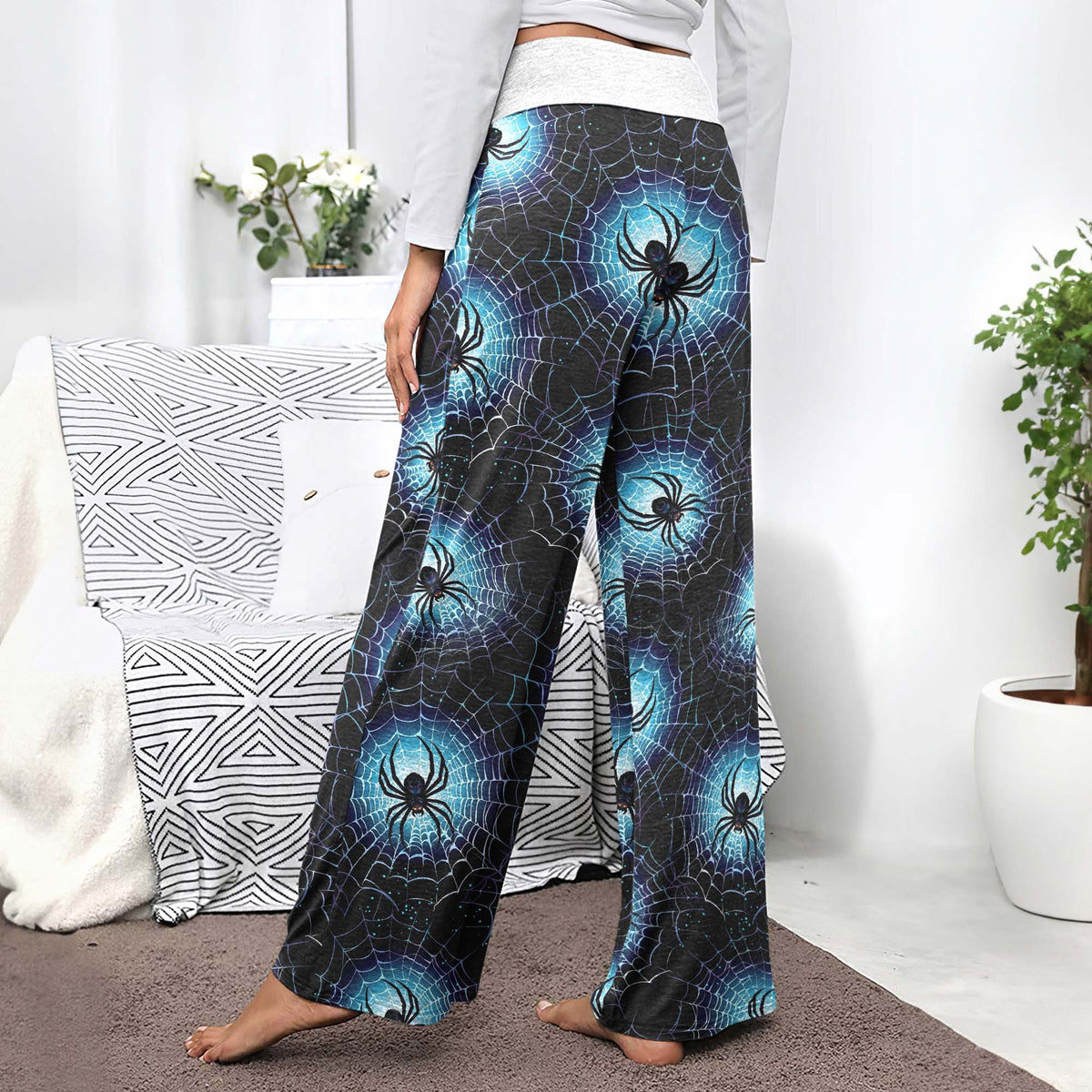 Neon Cyan Arachnid Web Women's High-waisted Wide Leg Pants