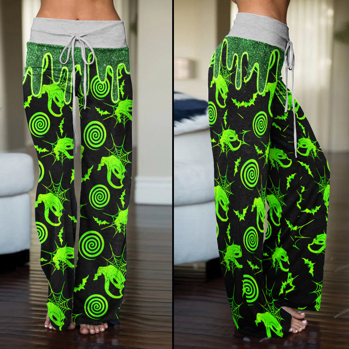 Black Green Melting Nightmare Women's High-waisted Wide Leg Pants | Wonder Skull