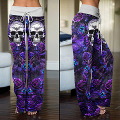 Dark Violet Skull Roses Women's High-waisted Wide Leg Pants | Wonder Skull