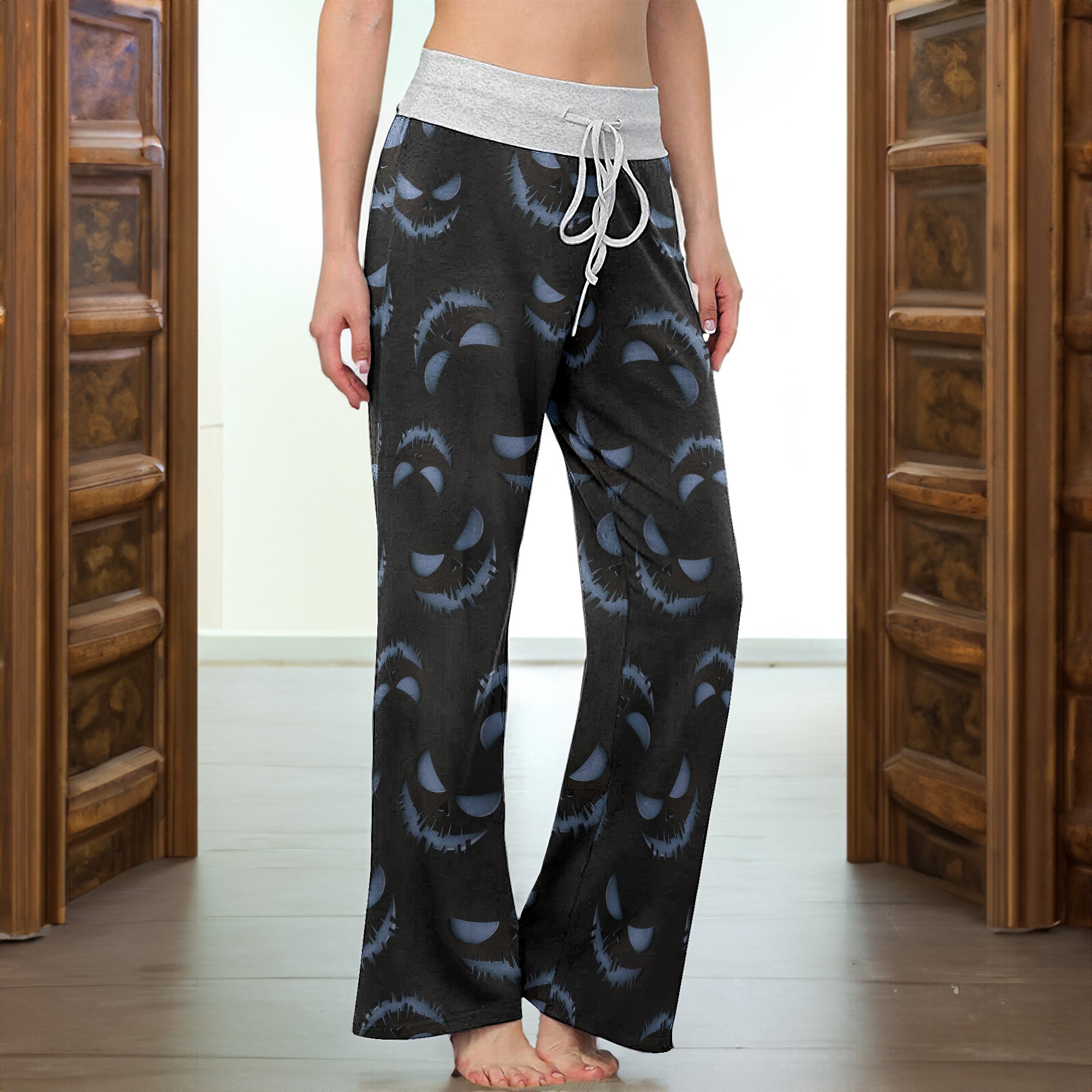 Dark Hollow Skull Pattern Women's High-waisted Wide Leg Pants